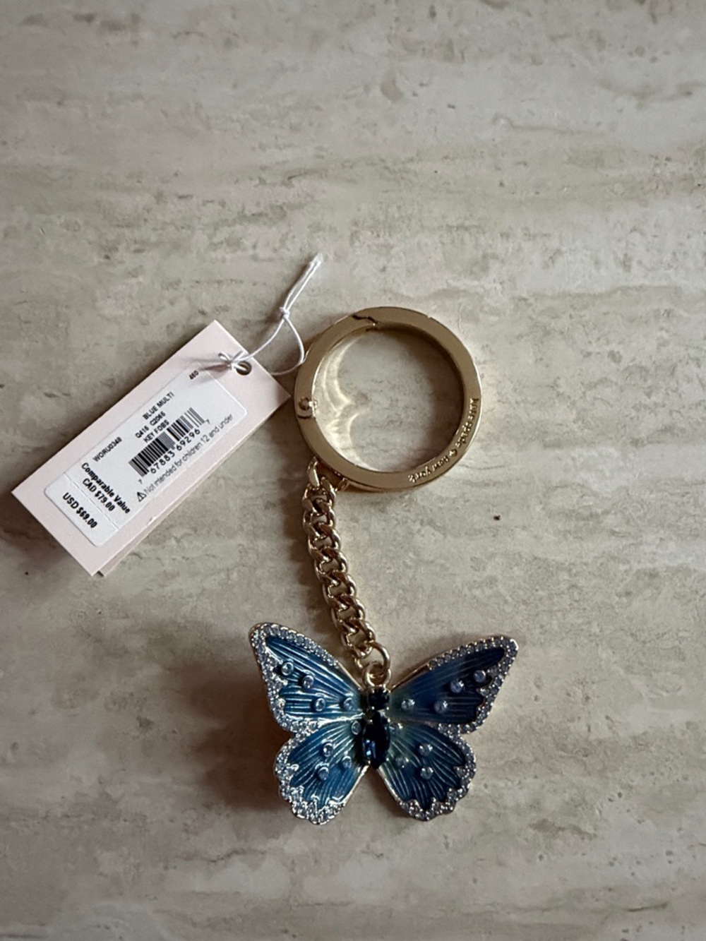 kate spade Gold Keyring with Blue Jeweled Butterfly Charm